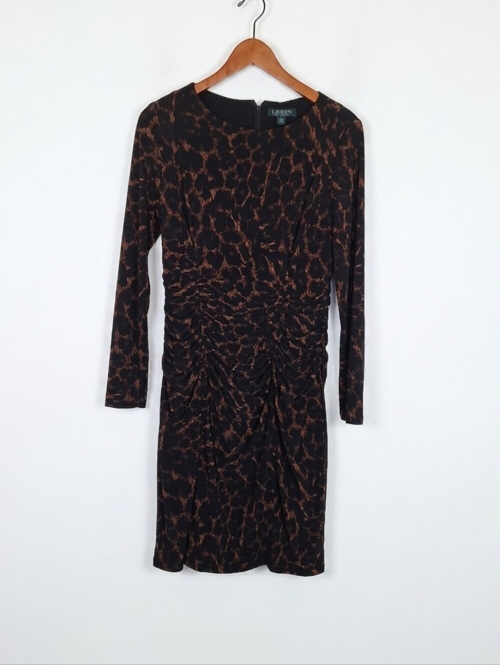 ​Lauren Ralph Lauren Leopard Print Ruched Long Sleeve Brown Black Dress Size 12